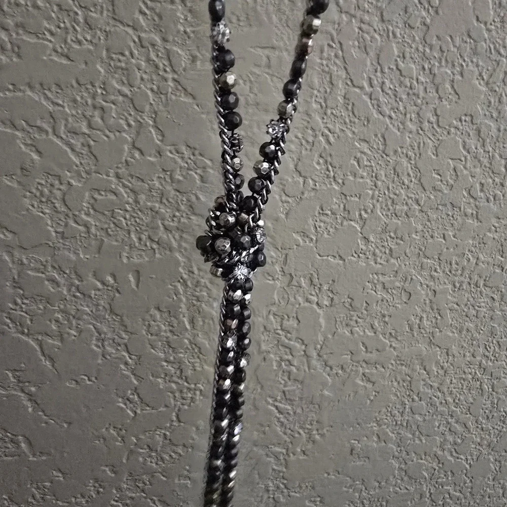 Mixed Metal Beaded Lariat Necklace Spike Pendants Hematite Tone Chain Long 36in